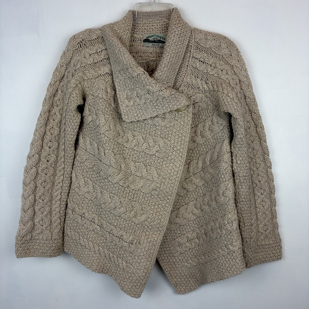 Aran Crafts Ireland Sweater Small Oatmeal Wool Cable Knit Shawl Collar Cardigan